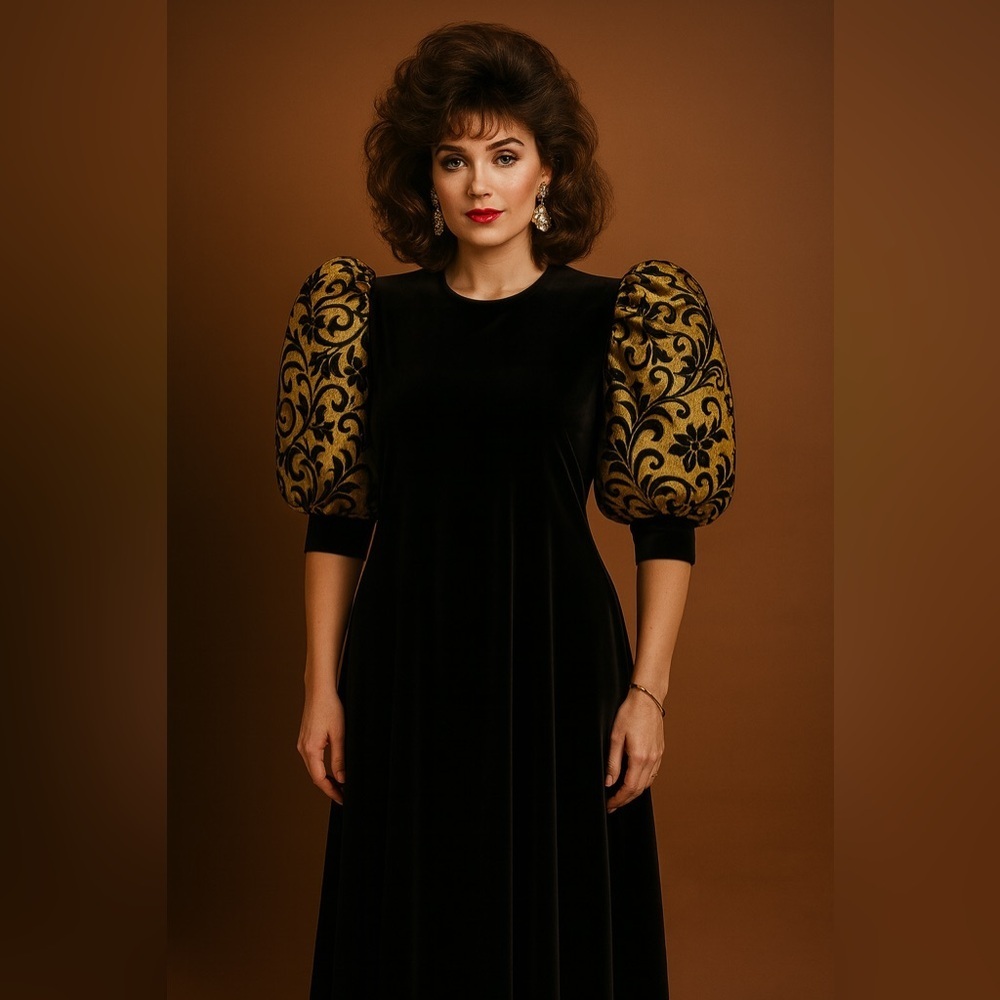 Vintage 80s David Brown Black Velvet Gold Puff Sleeve Evening Dress M